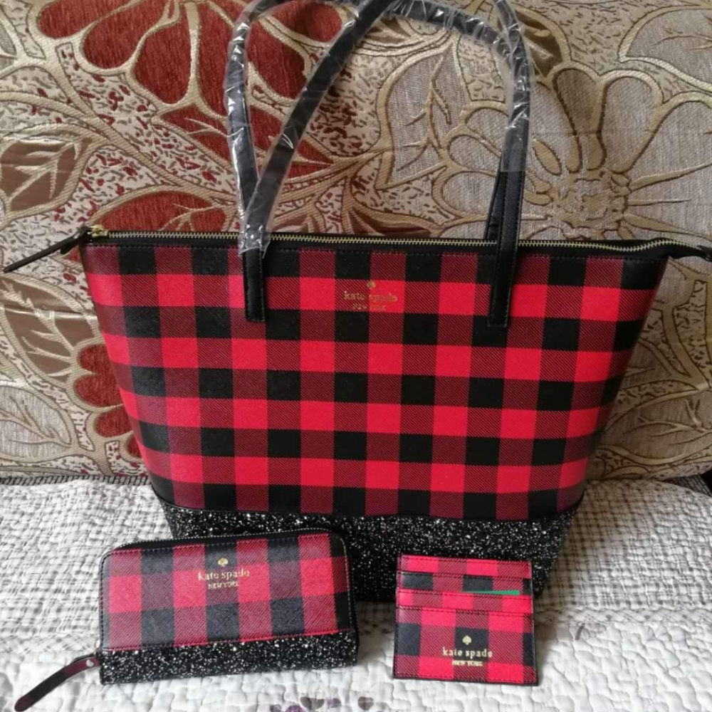 Kate Spade Tote wallet card 3 PCset buffalo plaid
